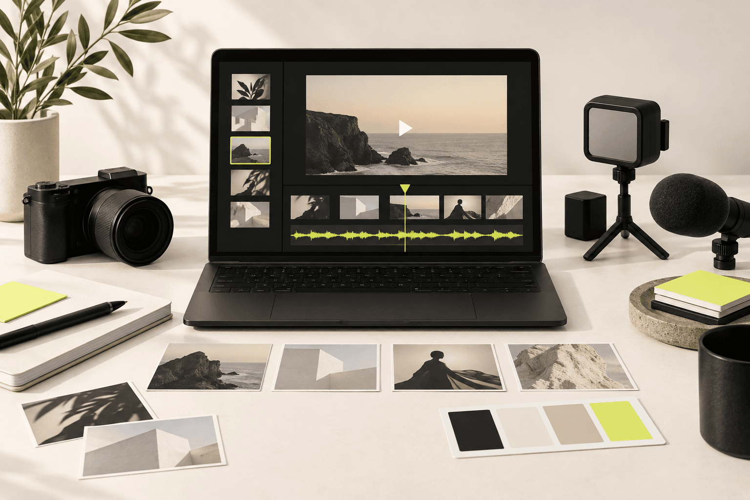 A small in-house team creating a premium brand film at a desktop workspace