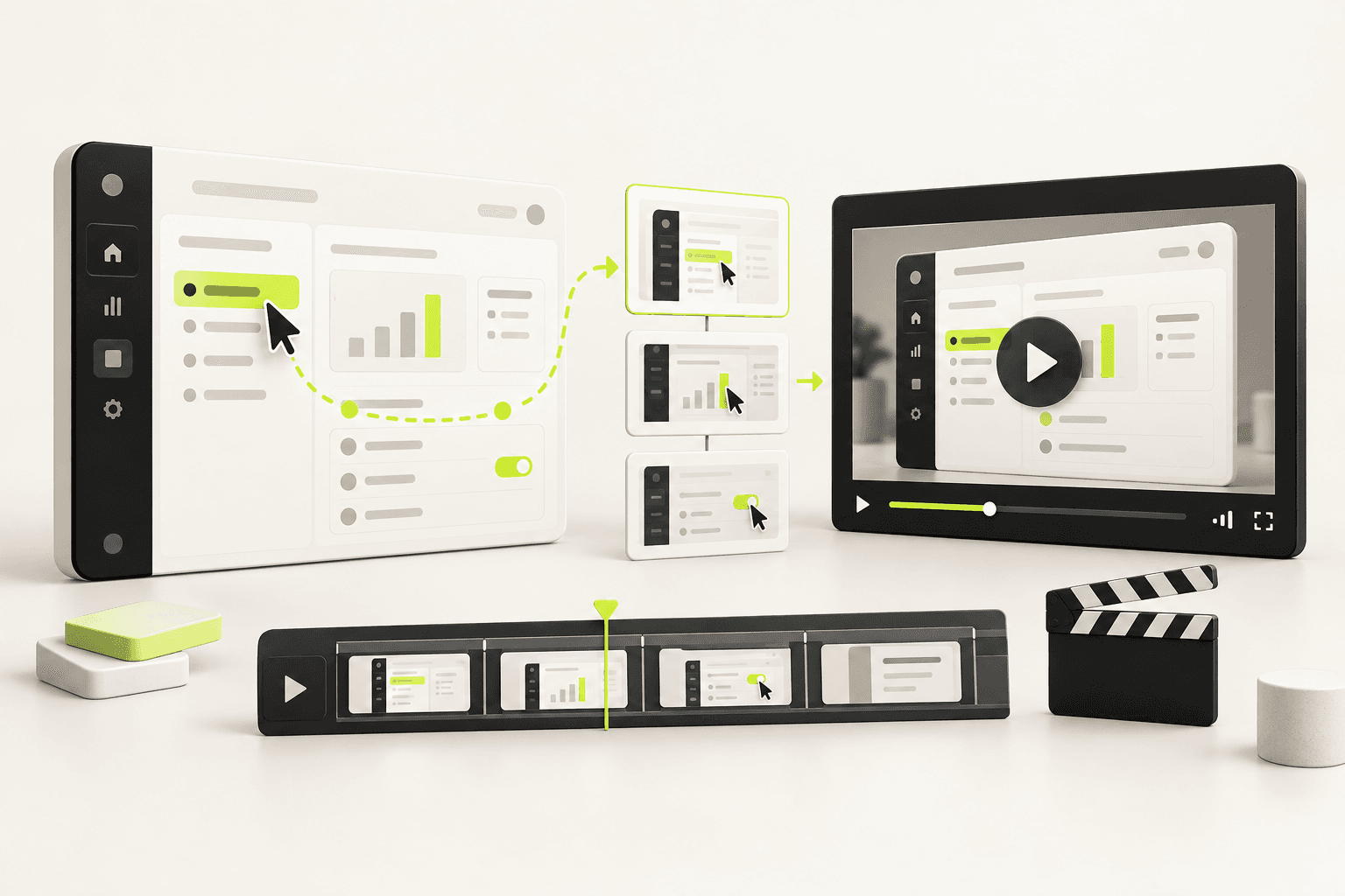 Product interface interactions flowing into a focused demo video