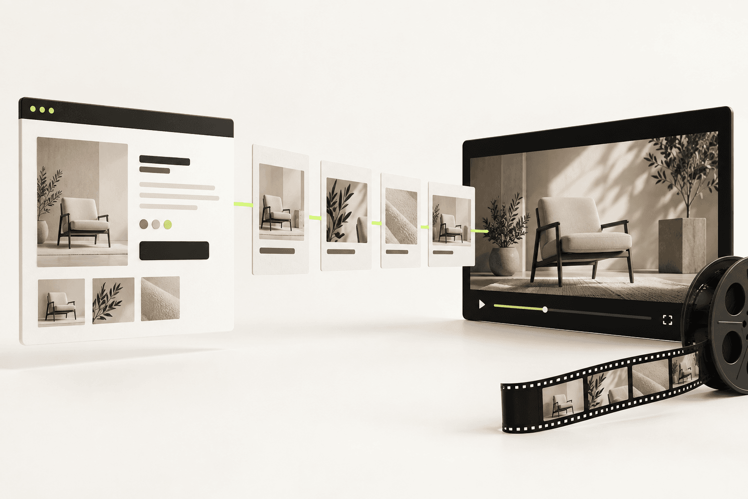 A website interface transforming into a polished cinematic video sequence