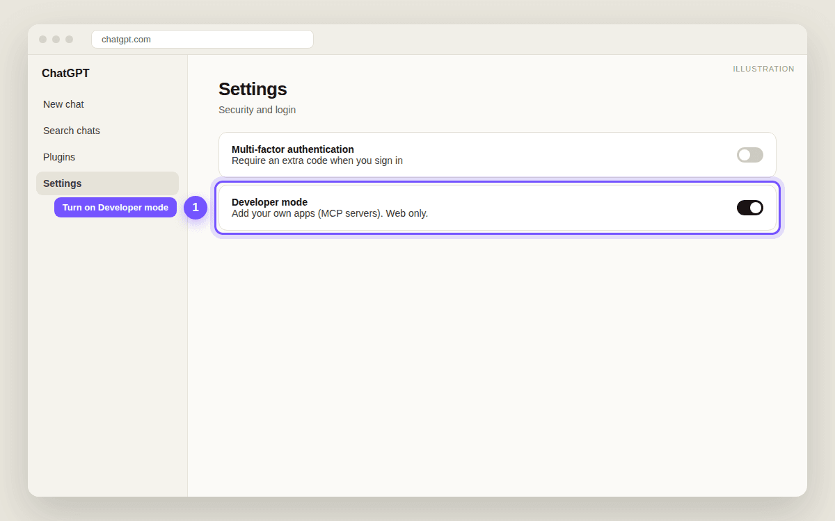 ChatGPT settings with the Developer mode switch highlighted and turned on.