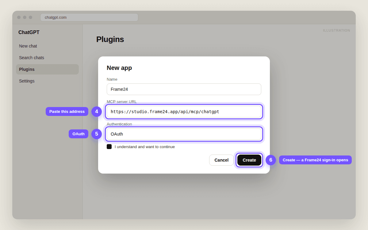 ChatGPT's New app form with the name Frame24, the address https://studio.frame24.app/api/mcp/chatgpt, Authentication set to OAuth, and the Create button highlighted.