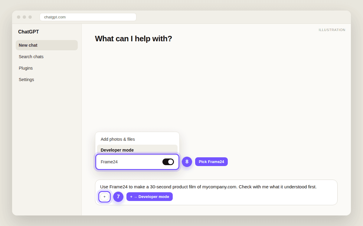 A new ChatGPT chat with the + menu open on Developer mode and Frame24 selected, and a request typed in the message box.