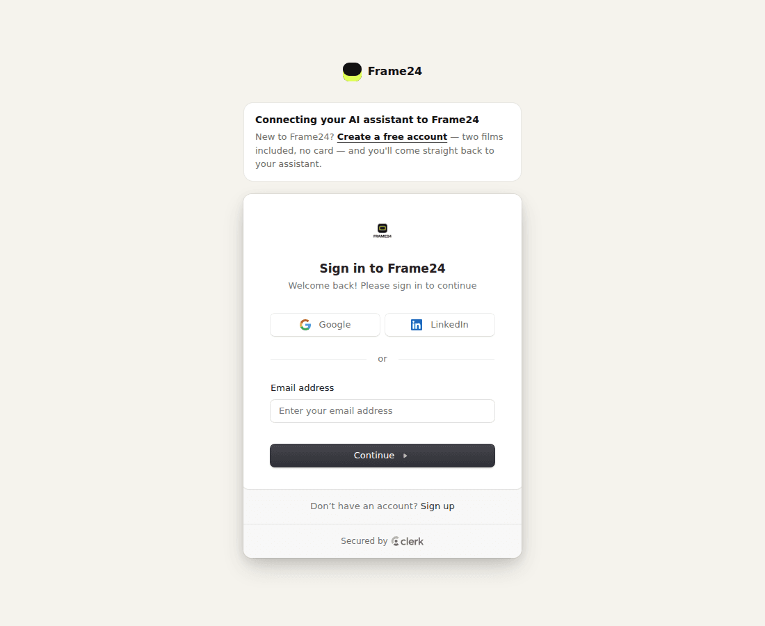 Frame24's sign-in page with a note saying you are connecting your AI assistant to Frame24 and a link to create an account.