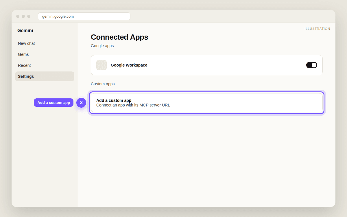Gemini's Connected Apps page with Add a custom app highlighted under Custom apps.