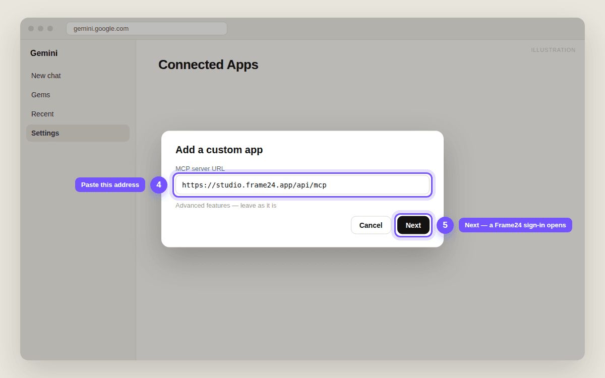The Add a custom app dialog with https://studio.frame24.app/api/mcp filled in and the Next button highlighted.