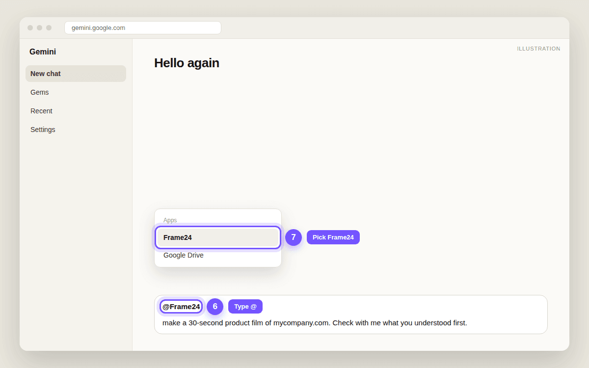 A Gemini chat with @Frame24 typed and the app list showing Frame24 highlighted, followed by a request.