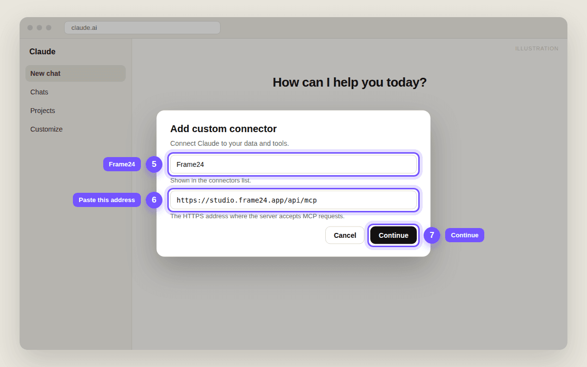 Claude's Add custom connector dialog with Frame24 as the name, https://studio.frame24.app/api/mcp as the address, and the Continue button highlighted.