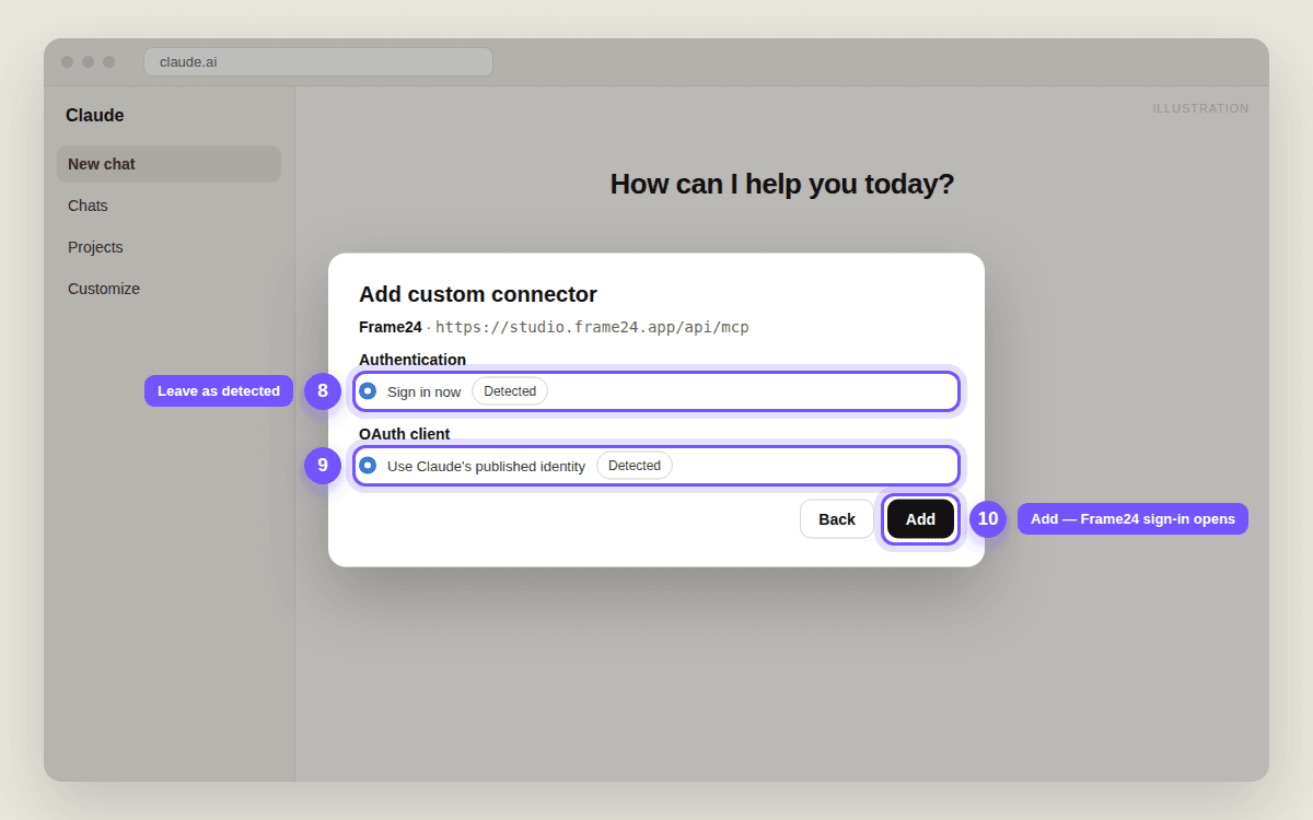 Claude's connector settings screen with Sign in now and Use Claude's published identity selected and marked Detected, and the Add button highlighted.